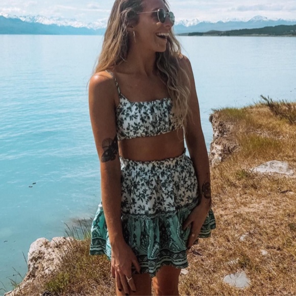Dresses & Skirts - bohemian mint cami crop top ruffle skirt set